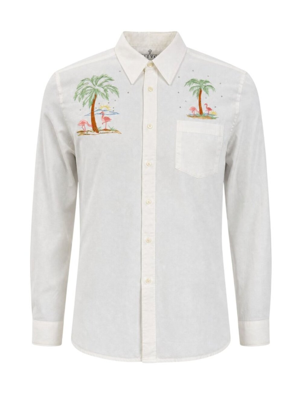 Emvo Men's White Embroidered Flamingo & Palm Tree Long Sleeve Button-Up Shirt XL